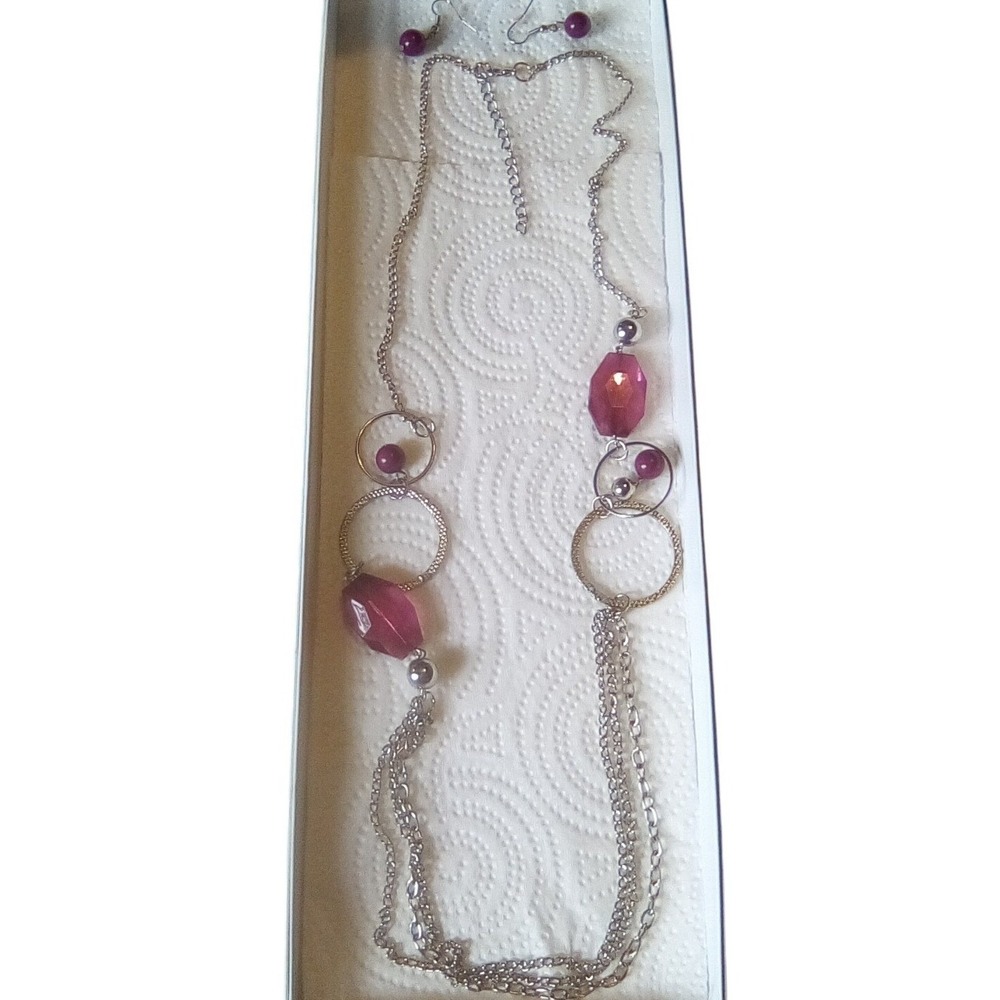 Silver Tone Necklace & Earrings Purple Faceted Bead Long Chain Statement Piece